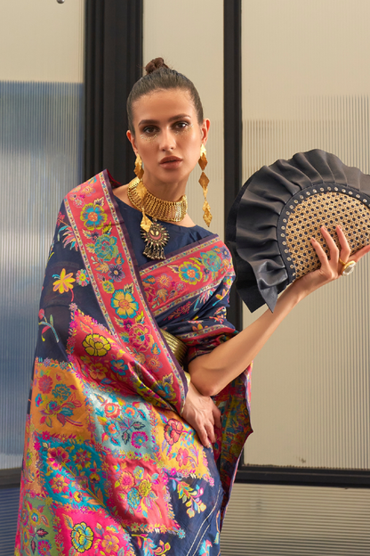 Indigo Blue Kashmiri Cotton Silk Saree with Handloom Weaving