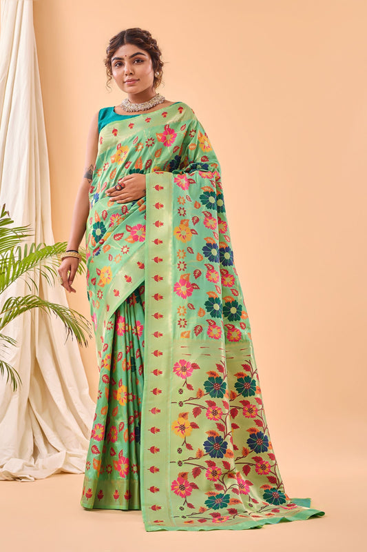 Pista Paithani Silk Saree with Royal Jaal Work