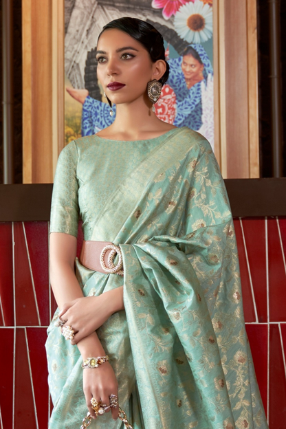 Pistachio Green Pure Banarasi Woven Silk Saree with Zari Work