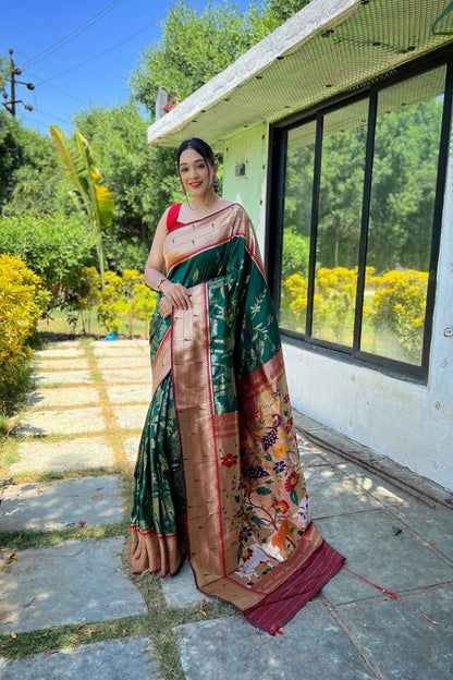 Dark Green Zari Woven Soft Paithani Silk Saree with Traditional Pattern