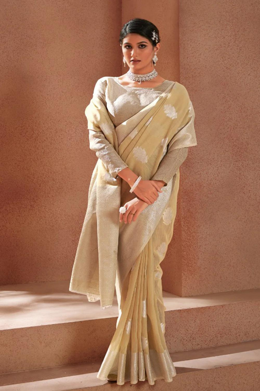 Beige Linen Silk with Silver Zari Weaving Border