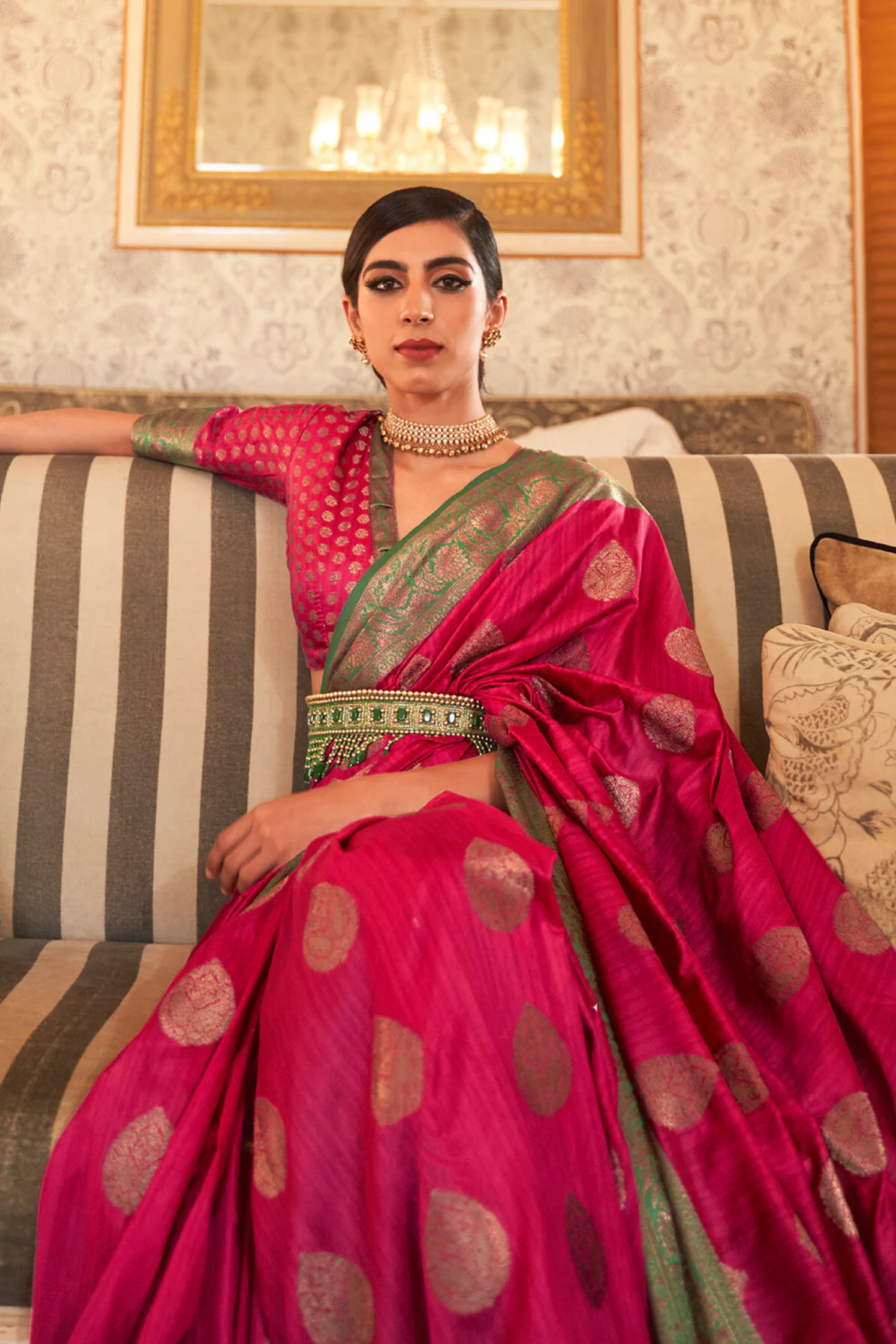 Punch Pink Banarasi Tussar Silk Saree with Designer Boder