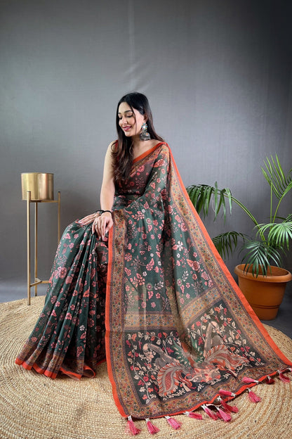 Dark Green Kalamkari Printed Malai Cotton Saree