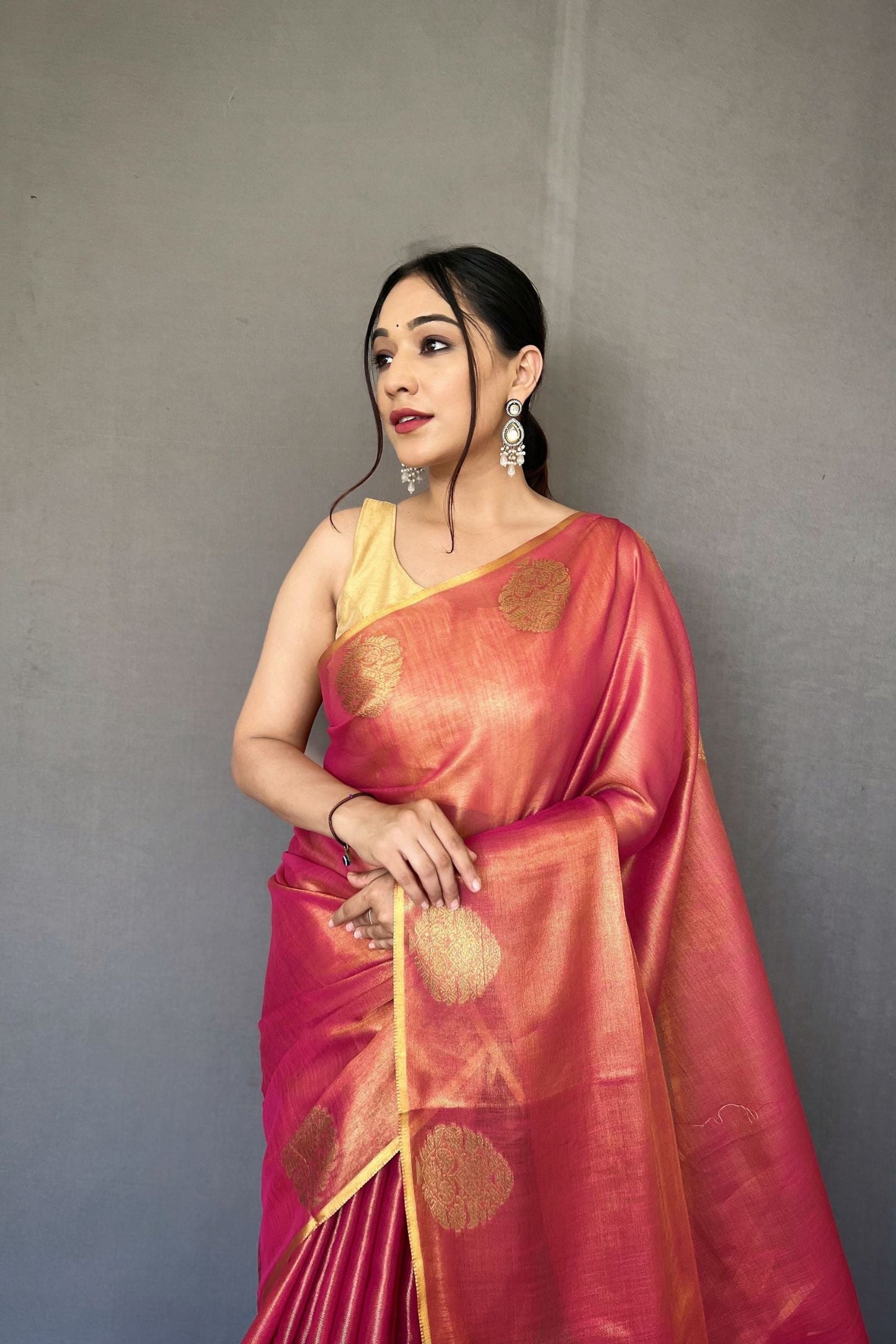 Onion Pink Jacquard Woven Tissue Silk Saree