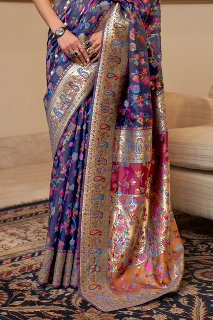Navy Blue Cotton Silk Pashmina Sarees with Kashmiri Modal Weaving