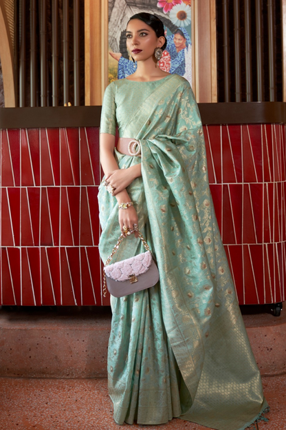 Pistachio Green Pure Banarasi Woven Silk Saree with Zari Work