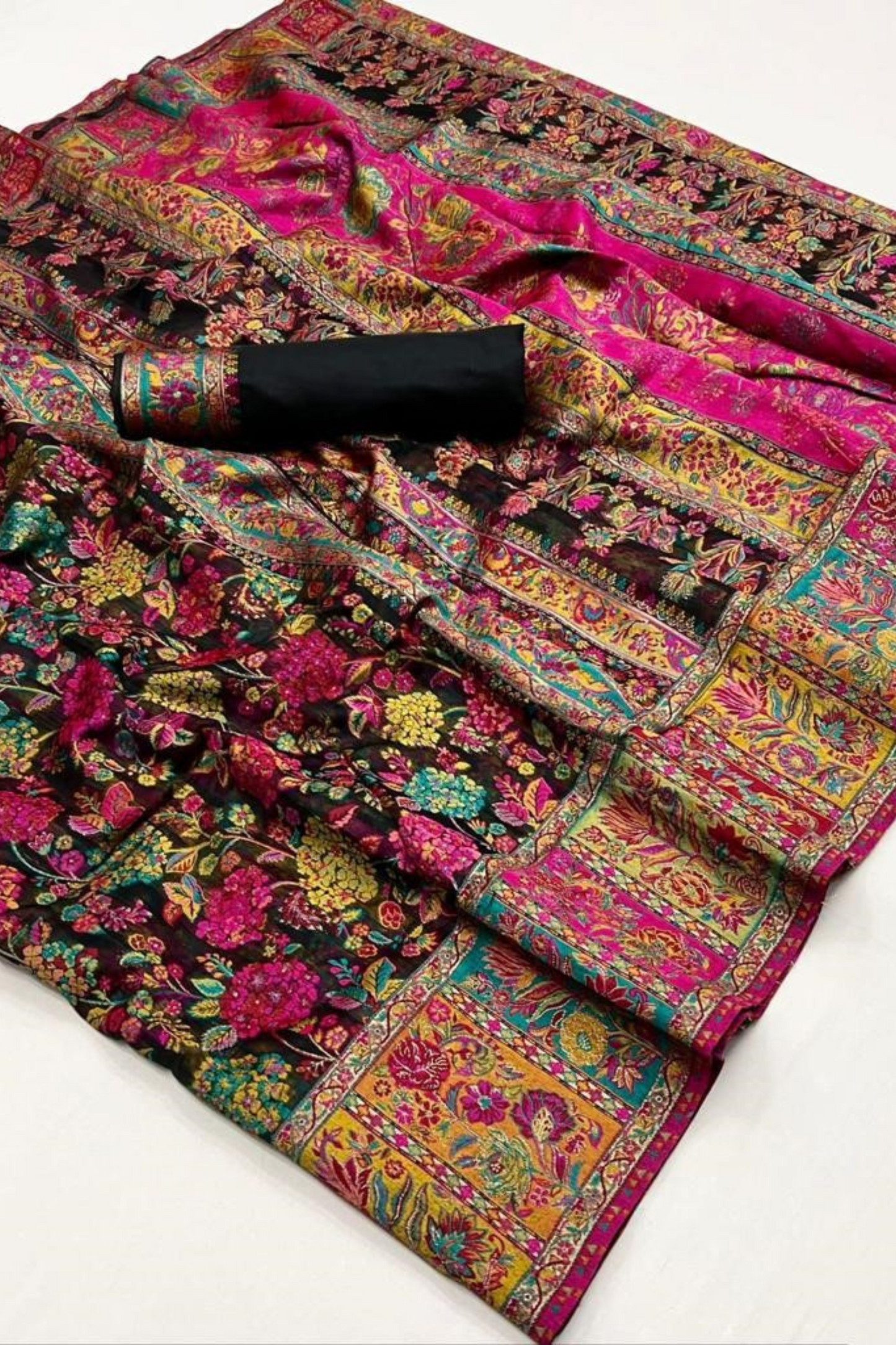 Black Kashmiri Soft Cotton Pashmina Silk Saree with Floral Print