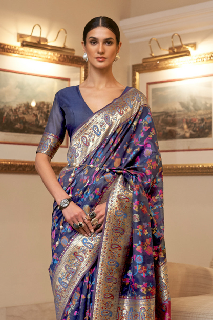 Navy Blue Cotton Silk Pashmina Sarees with Kashmiri Modal Weaving