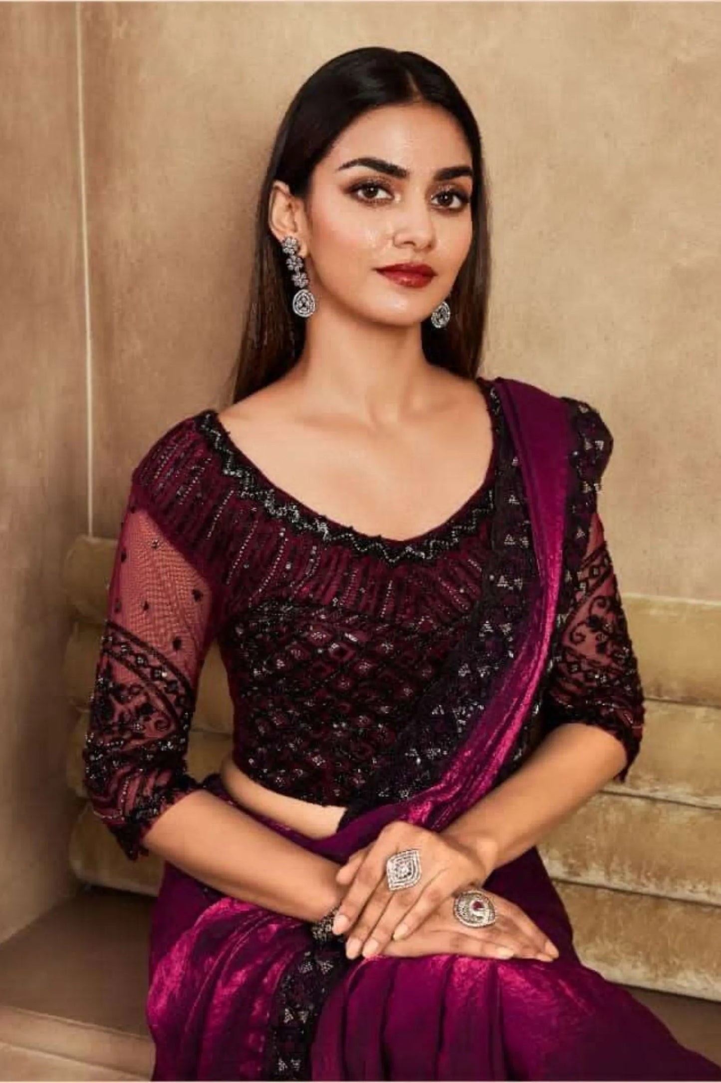 Wine Cherry Designer Silk Saree With Fancy Work