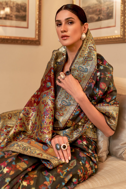 Brown Cotton Silk Pashmina Sarees with Kashmiri Modal Weaving