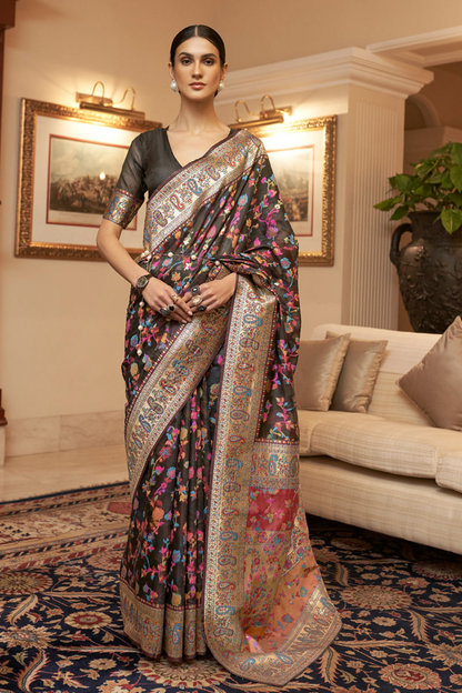 Brown Cotton Silk Pashmina Sarees with Kashmiri Modal Weaving