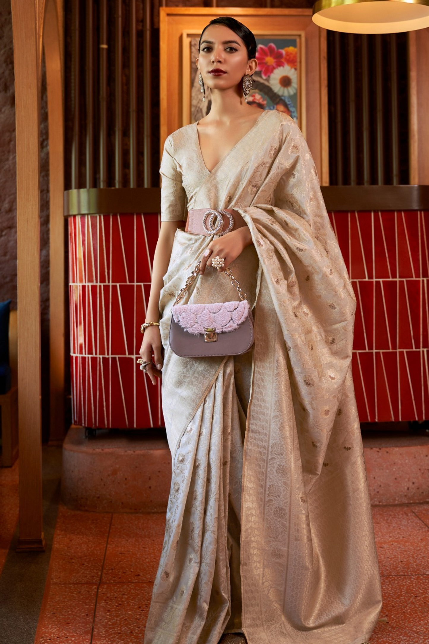 Beige Pure Banarasi Woven Silk Saree with Zari Work