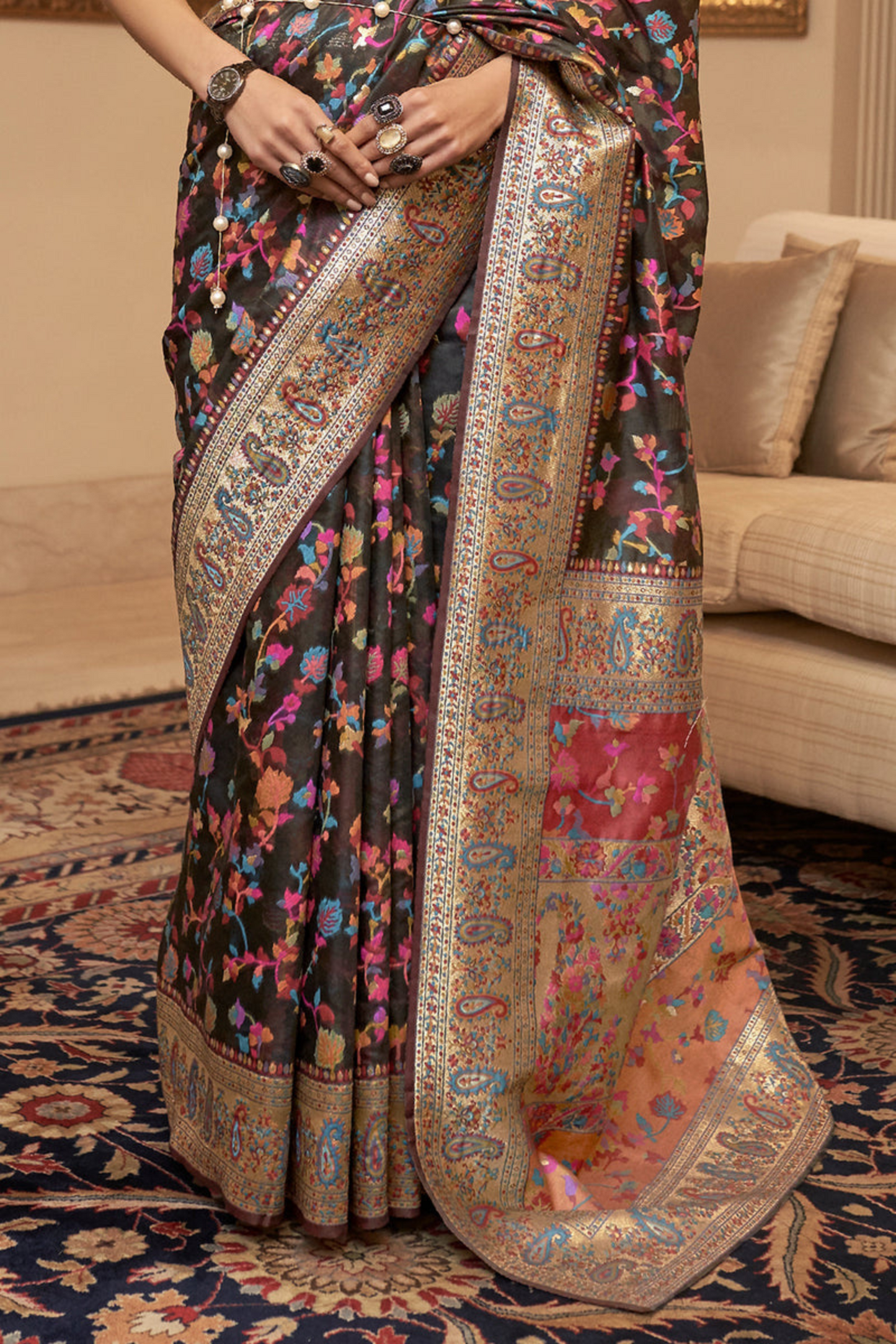 Brown Cotton Silk Pashmina Sarees with Kashmiri Modal Weaving