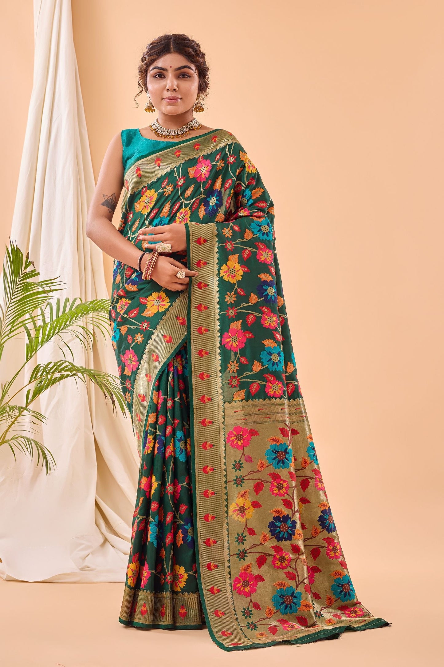 Dark Green Paithani Silk Saree with Royal Jaal Work