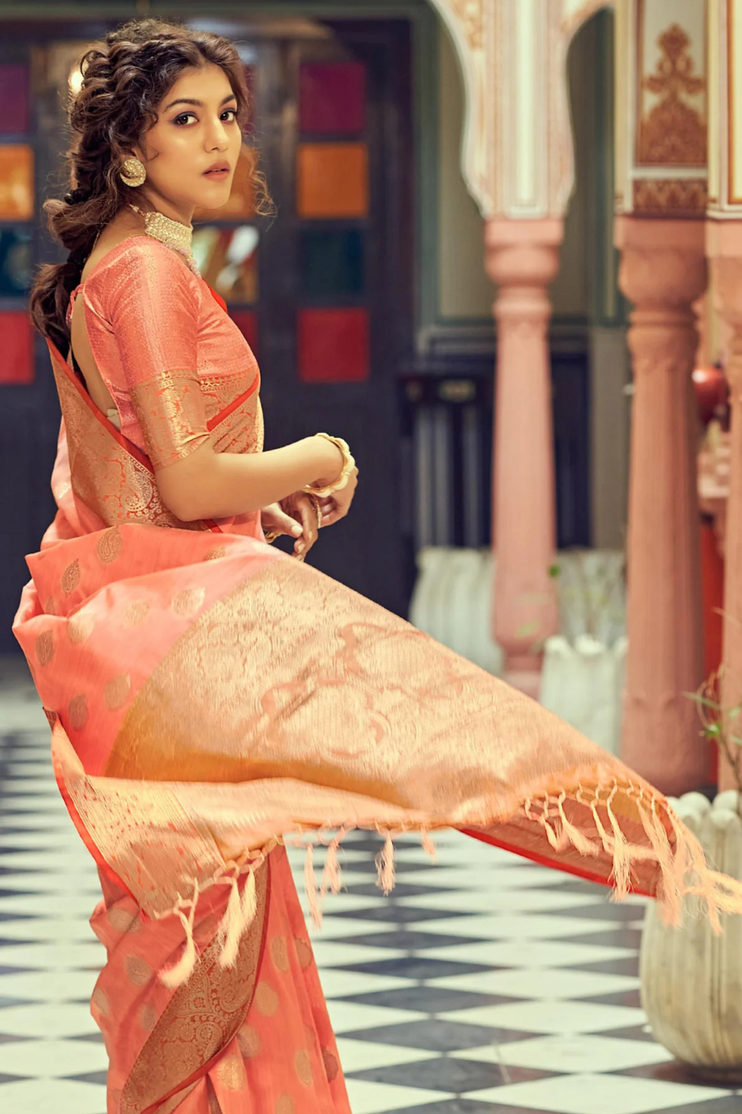 Apricot Orange Posh Banarasi Katan Soft Silk Saree with Rich Zari Border