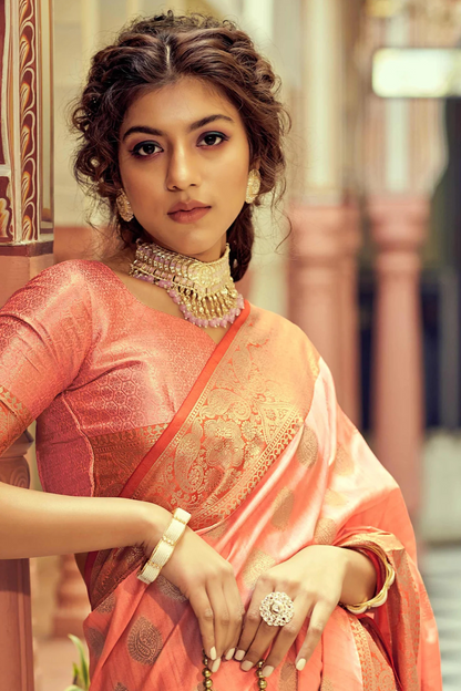 Apricot Orange Posh Banarasi Katan Soft Silk Saree with Rich Zari Border