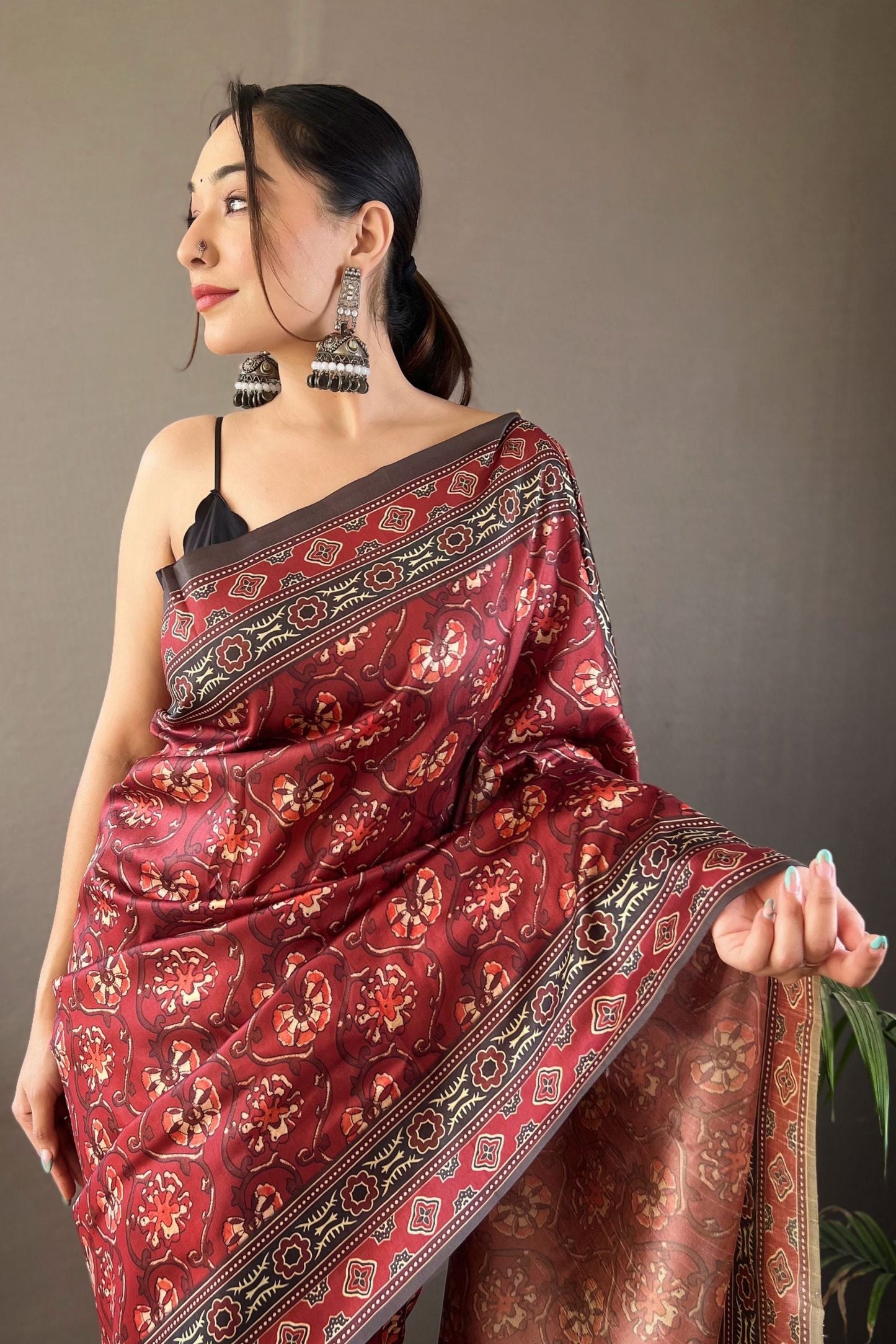 Maroon Digital Printed Silk Saree
