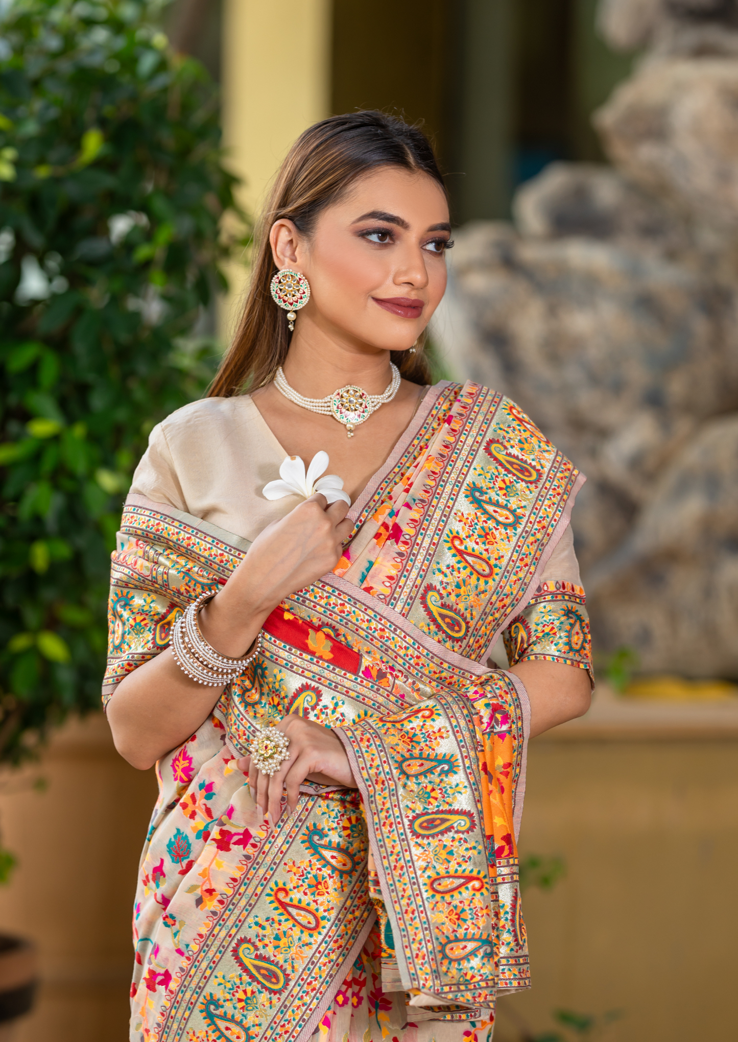 Cream Cotton Silk Pashmina Sarees with Kashmiri Modal Weaving
