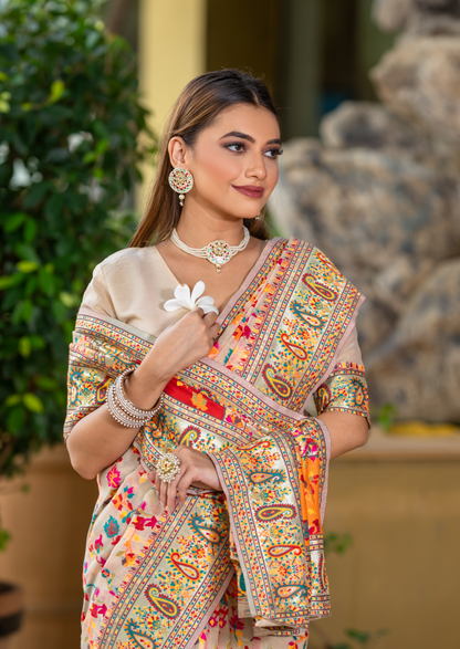 Cream Cotton Silk Pashmina Sarees with Kashmiri Modal Weaving