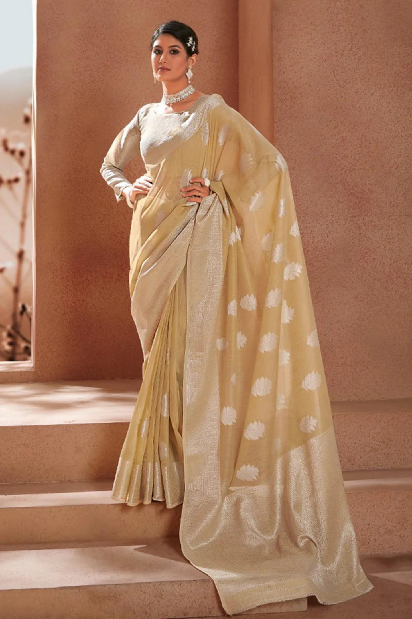 Beige Linen Silk with Silver Zari Weaving Border