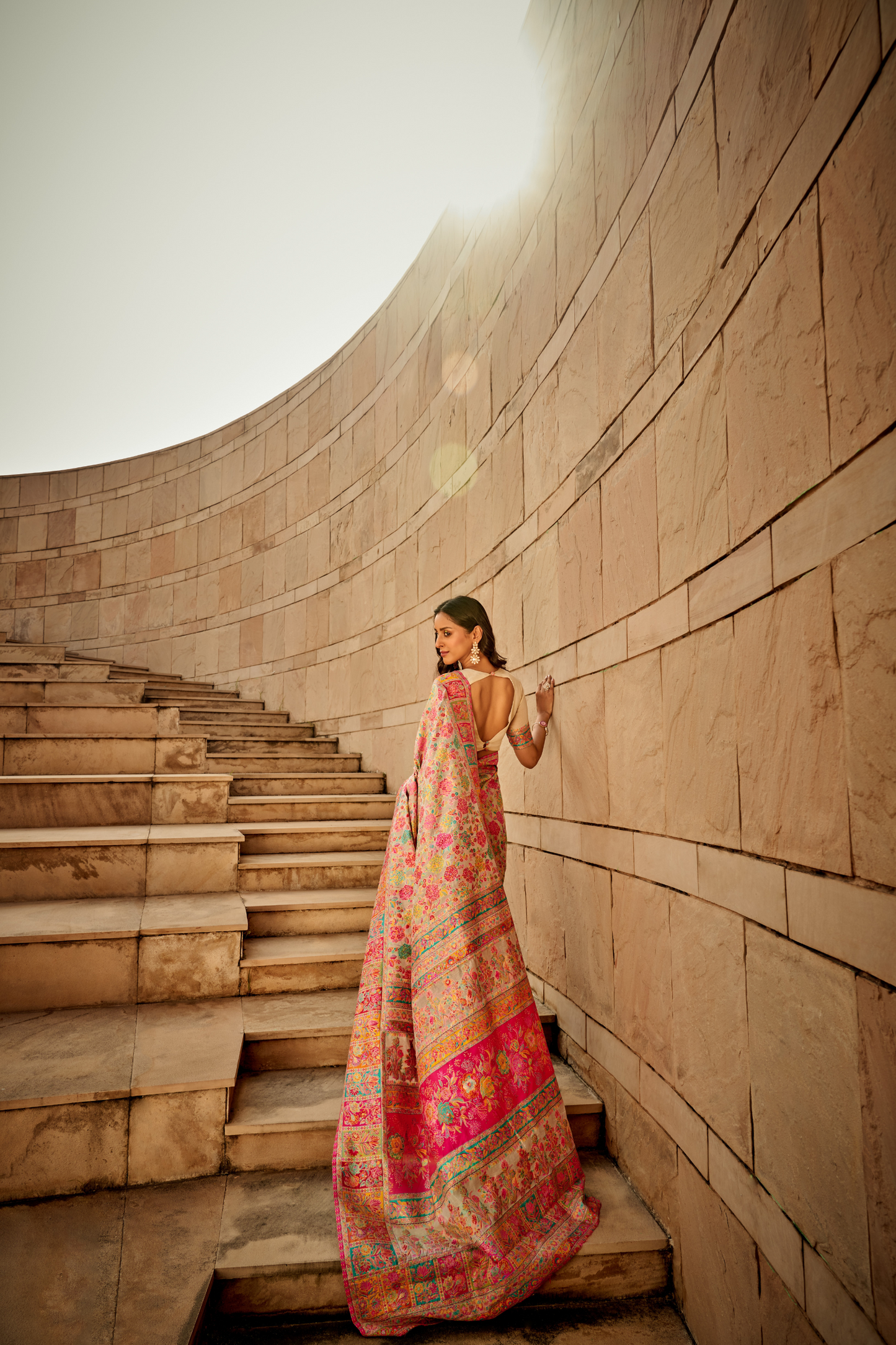 Dark Beige Kashmiri Soft Cotton Pashmina Silk Saree with Floral Print