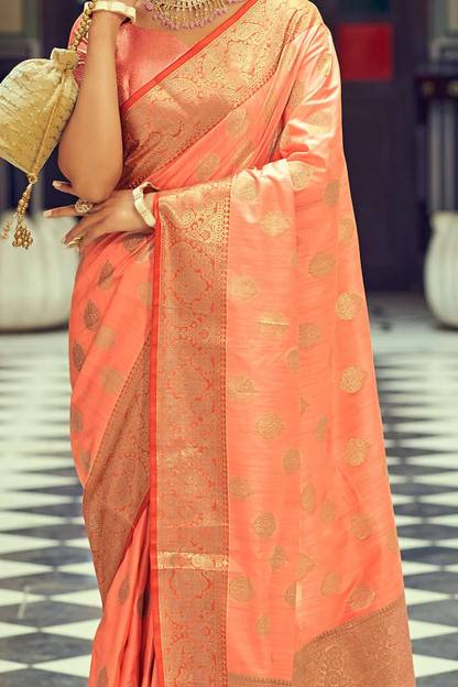 Apricot Orange Posh Banarasi Katan Soft Silk Saree with Rich Zari Border