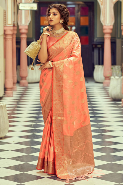Apricot Orange Posh Banarasi Katan Soft Silk Saree with Rich Zari Border