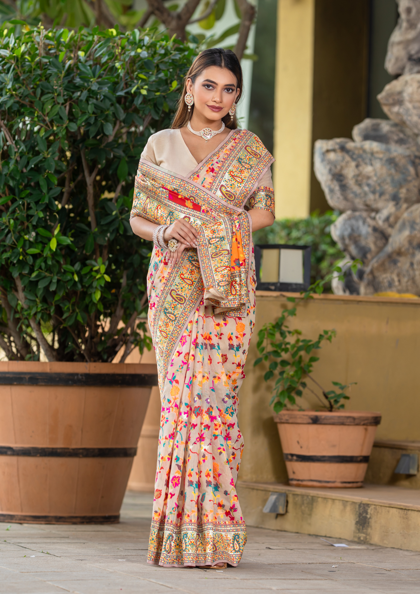 Cream Cotton Silk Pashmina Sarees with Kashmiri Modal Weaving