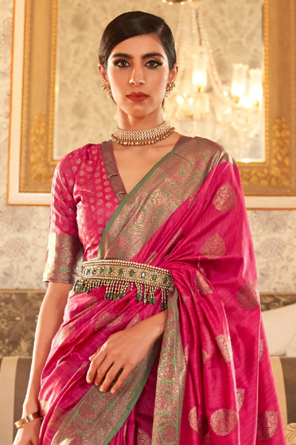 Punch Pink Banarasi Tussar Silk Saree with Designer Boder