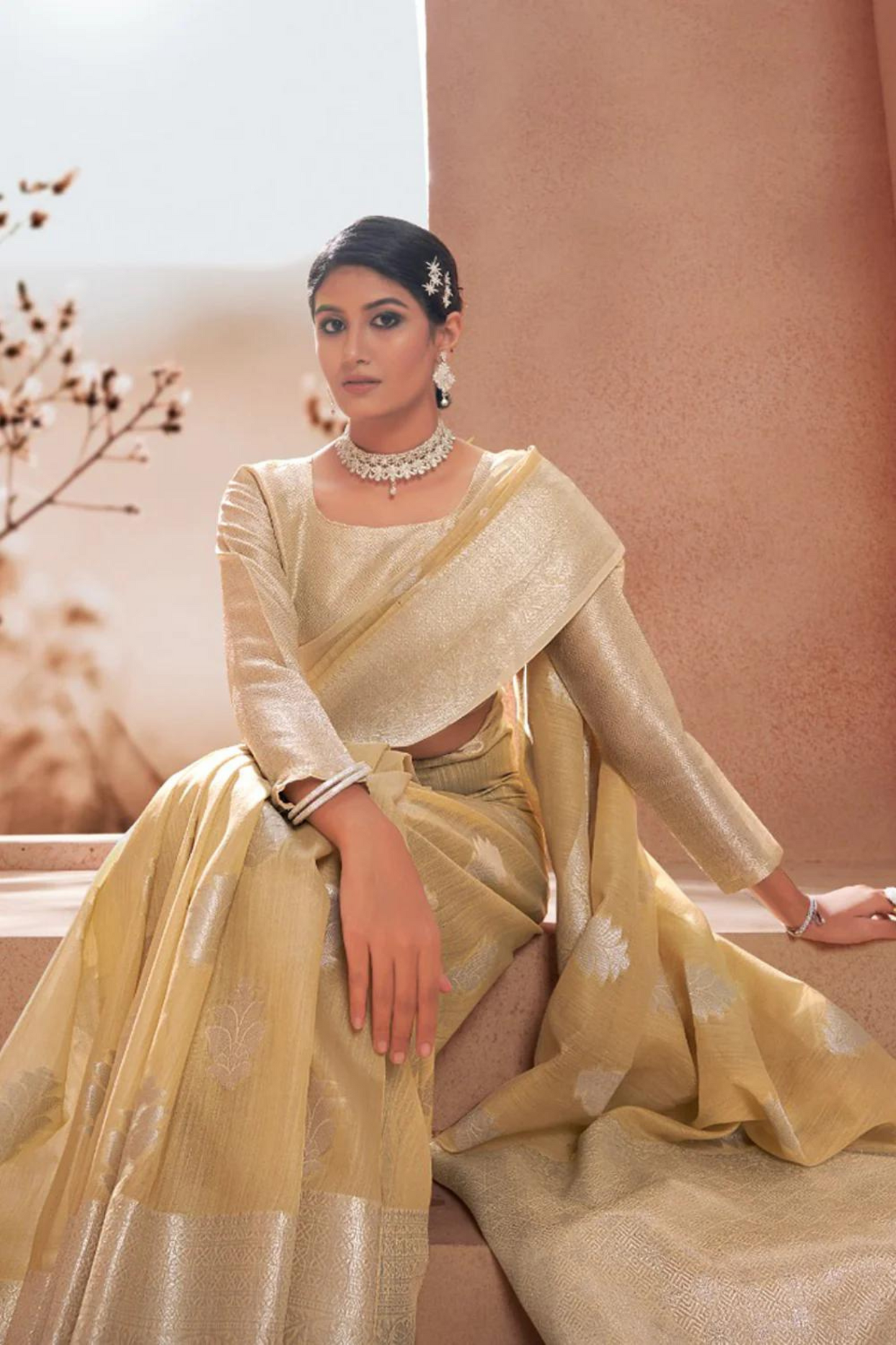 Beige Linen Silk with Silver Zari Weaving Border