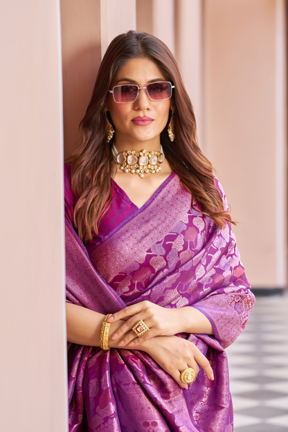 Mulberry Magenta Designer Banarasi Ethnic Soft Silk Saree with Zari Work