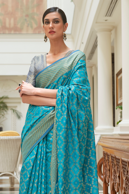 Sapphire Blue Exquisite Patola Silk Saree with Handloom Weaving