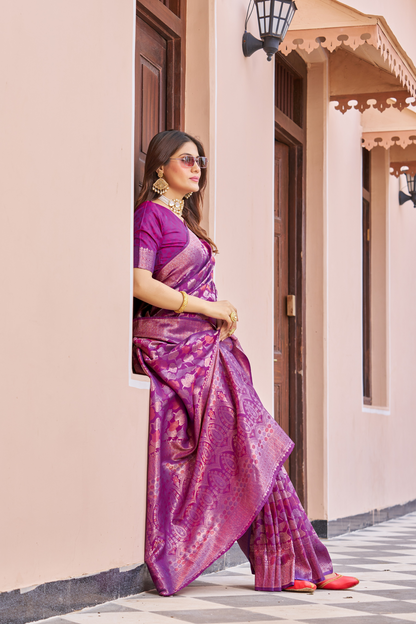 Mulberry Magenta Designer Banarasi Ethnic Soft Silk Saree with Zari Work