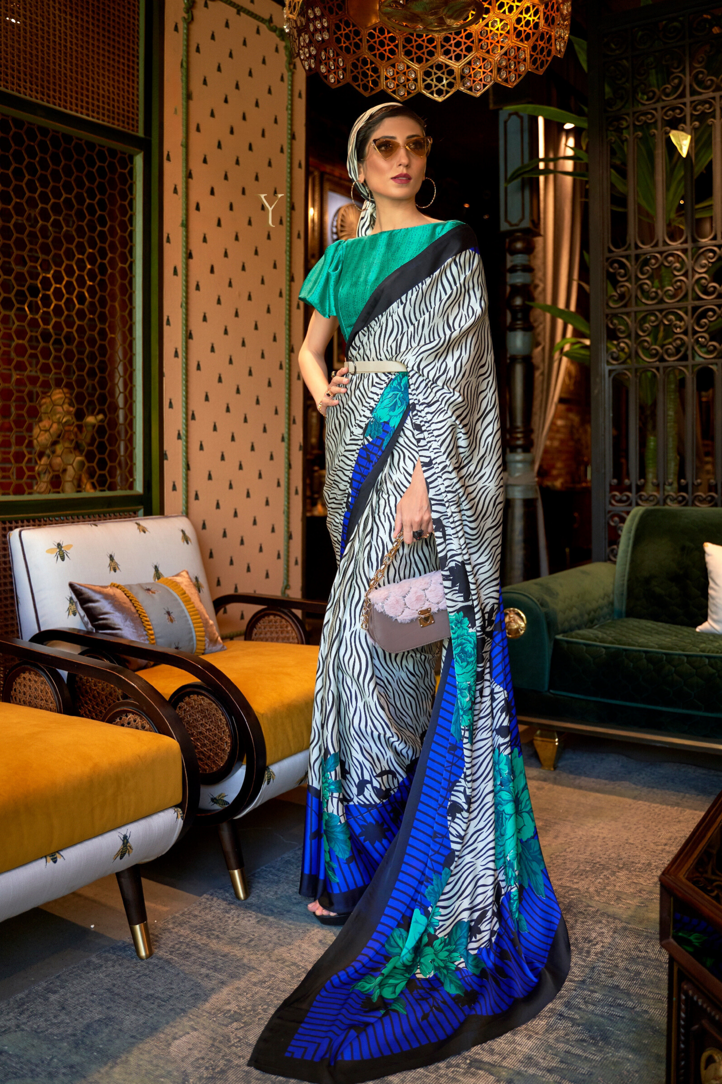 White & Blue Floral Printed Satin Crepe Saree