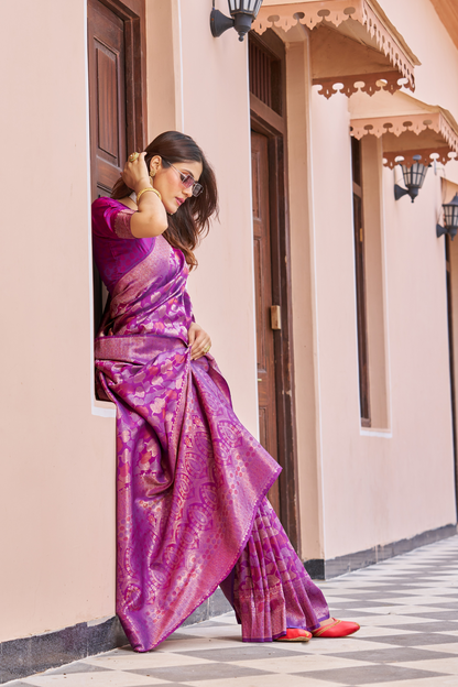 Mulberry Magenta Designer Banarasi Ethnic Soft Silk Saree with Zari Work