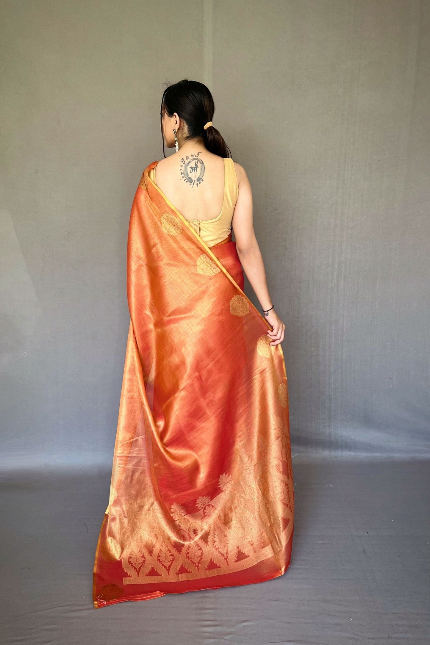 Orange Jacquard Woven Tissue Silk Saree