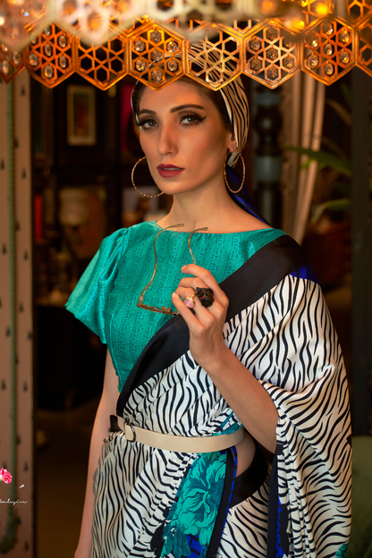 White & Blue Floral Printed Satin Crepe Saree