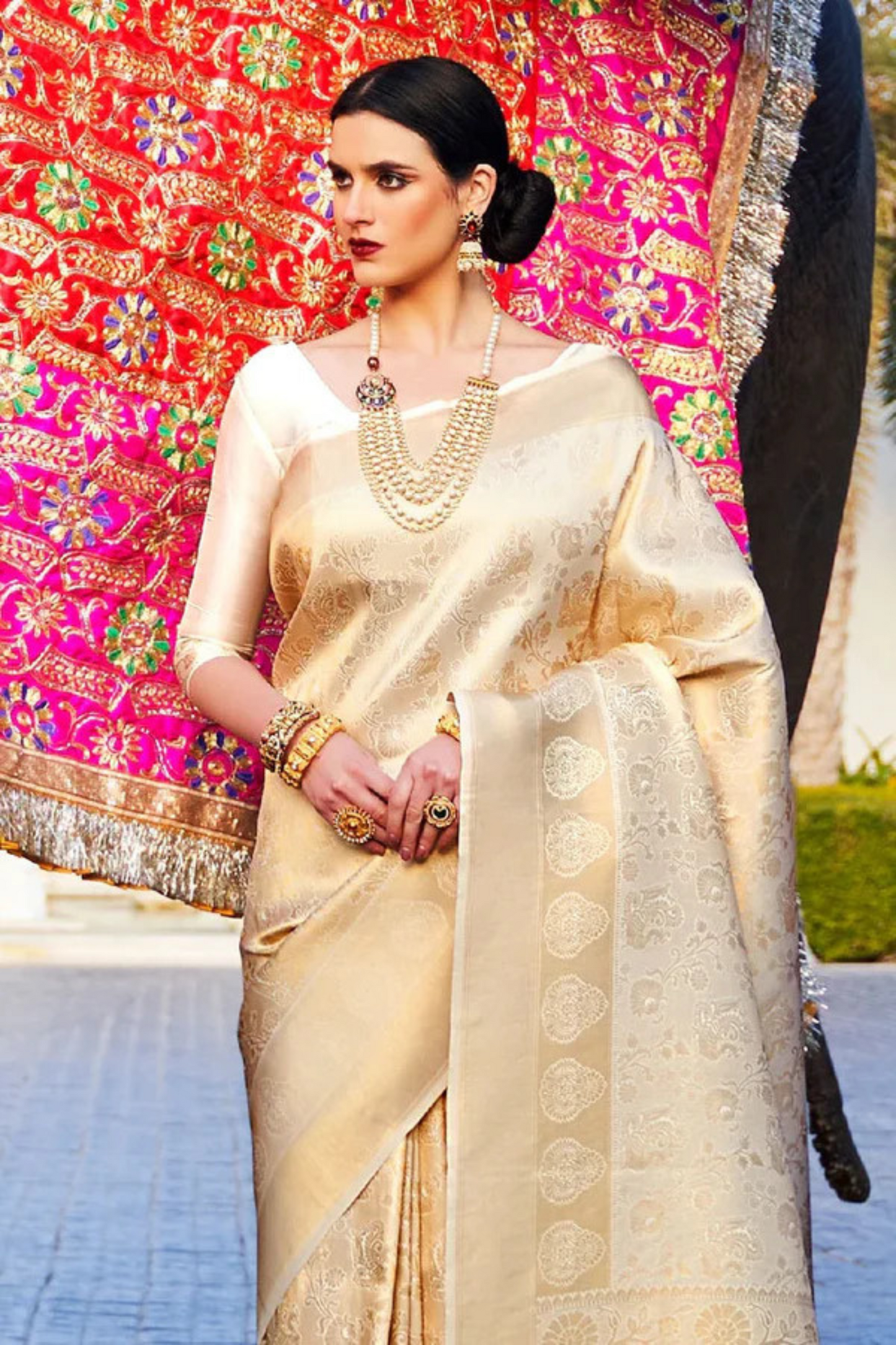 Golden White Banarasi Special Wedding Edition Silk Saree with Zari Work