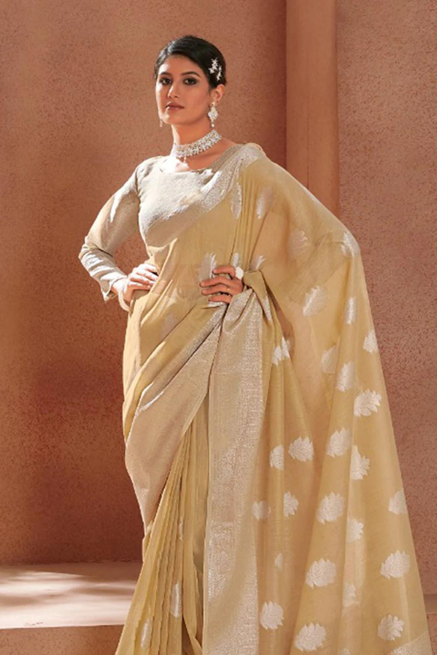 Beige Linen Silk with Silver Zari Weaving Border