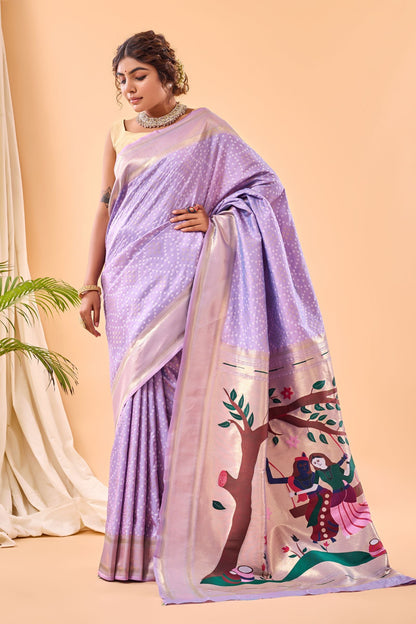 Lavender Bandhani Weaving Paithani Silk Saree