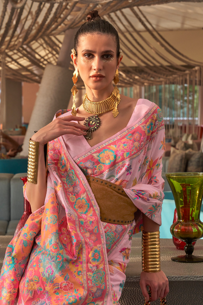 Coral Pink Kashmiri Cotton Silk Saree with Handloom Weaving