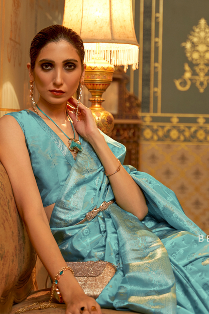 Powder Blue Banarasi Handloom Silk Zari Woven Saree