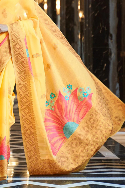 Yellow Soft Cotton Blend Silk Saree with Zari Work