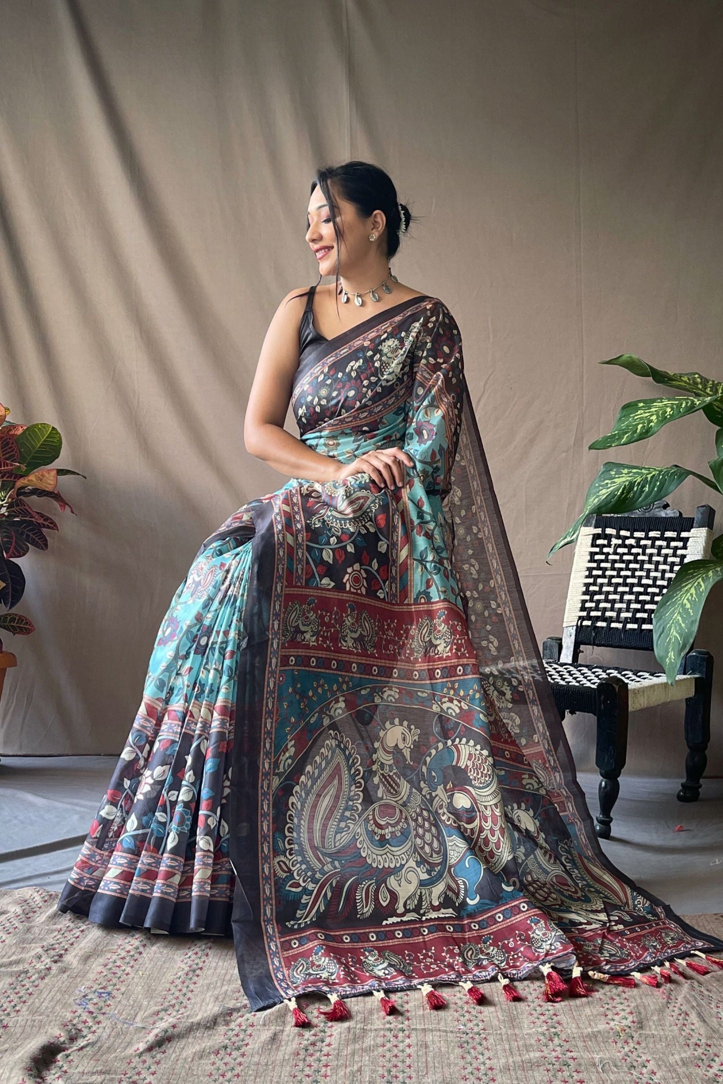Sky Blue Kalamkari Digital Printed Soft Cotton Saree