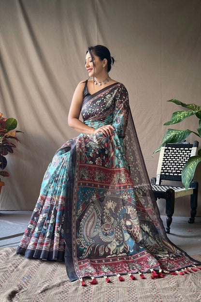 Sky Blue Kalamkari Digital Printed Soft Cotton Saree