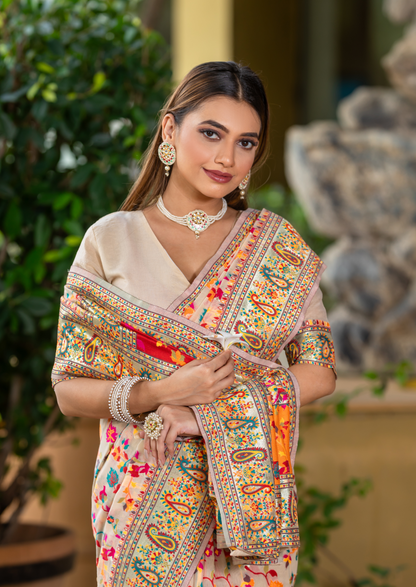 Cream Cotton Silk Pashmina Sarees with Kashmiri Modal Weaving