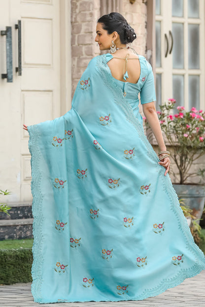 Sky Floral Embroidered Tussar Cotton Saree