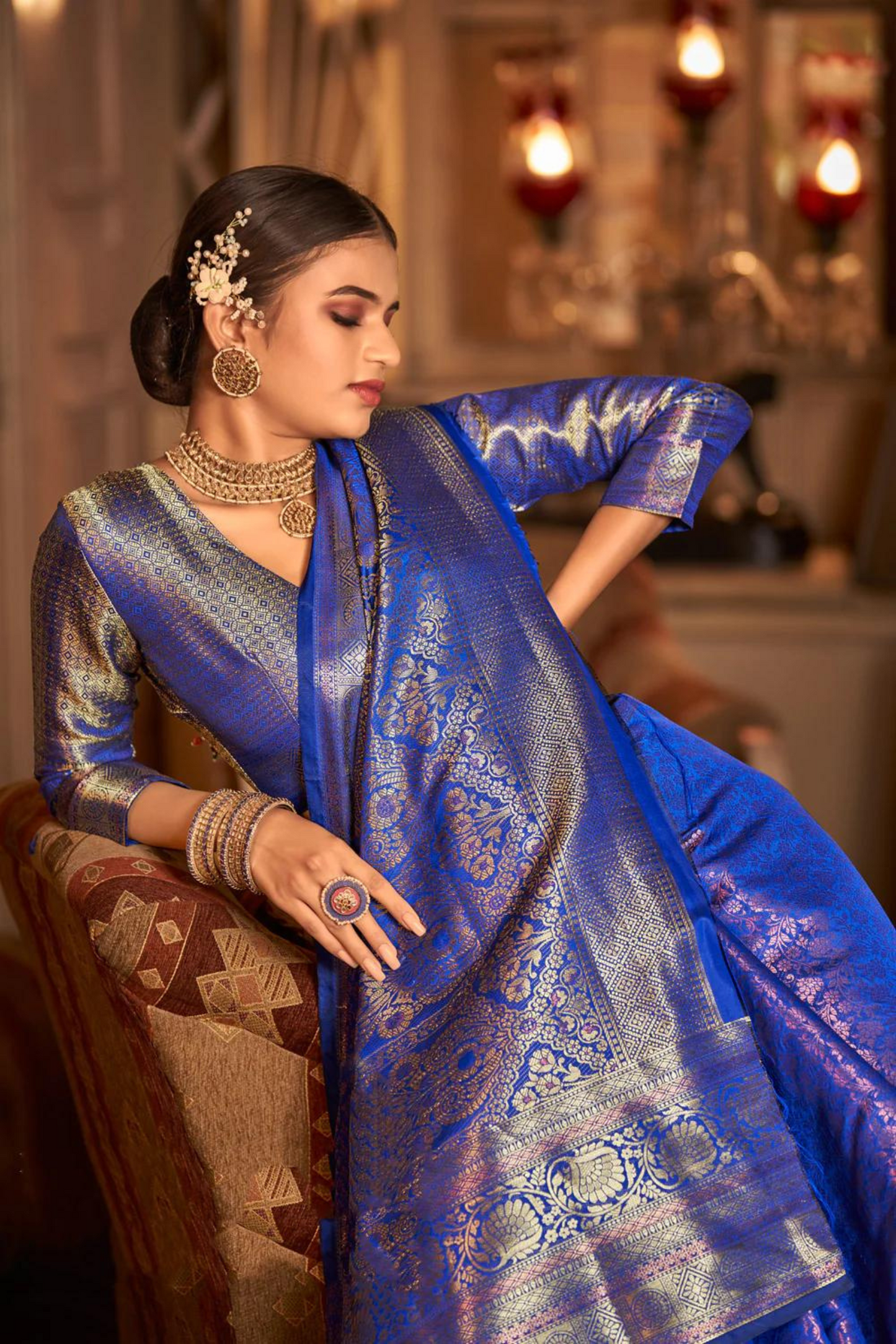 Navy Blue Pure Kanjivaram Silk with Bronze Zari Weaving