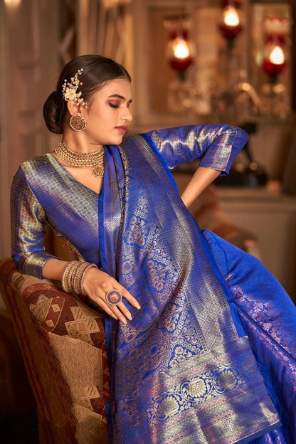Navy Blue Pure Kanjivaram Silk with Bronze Zari Weaving