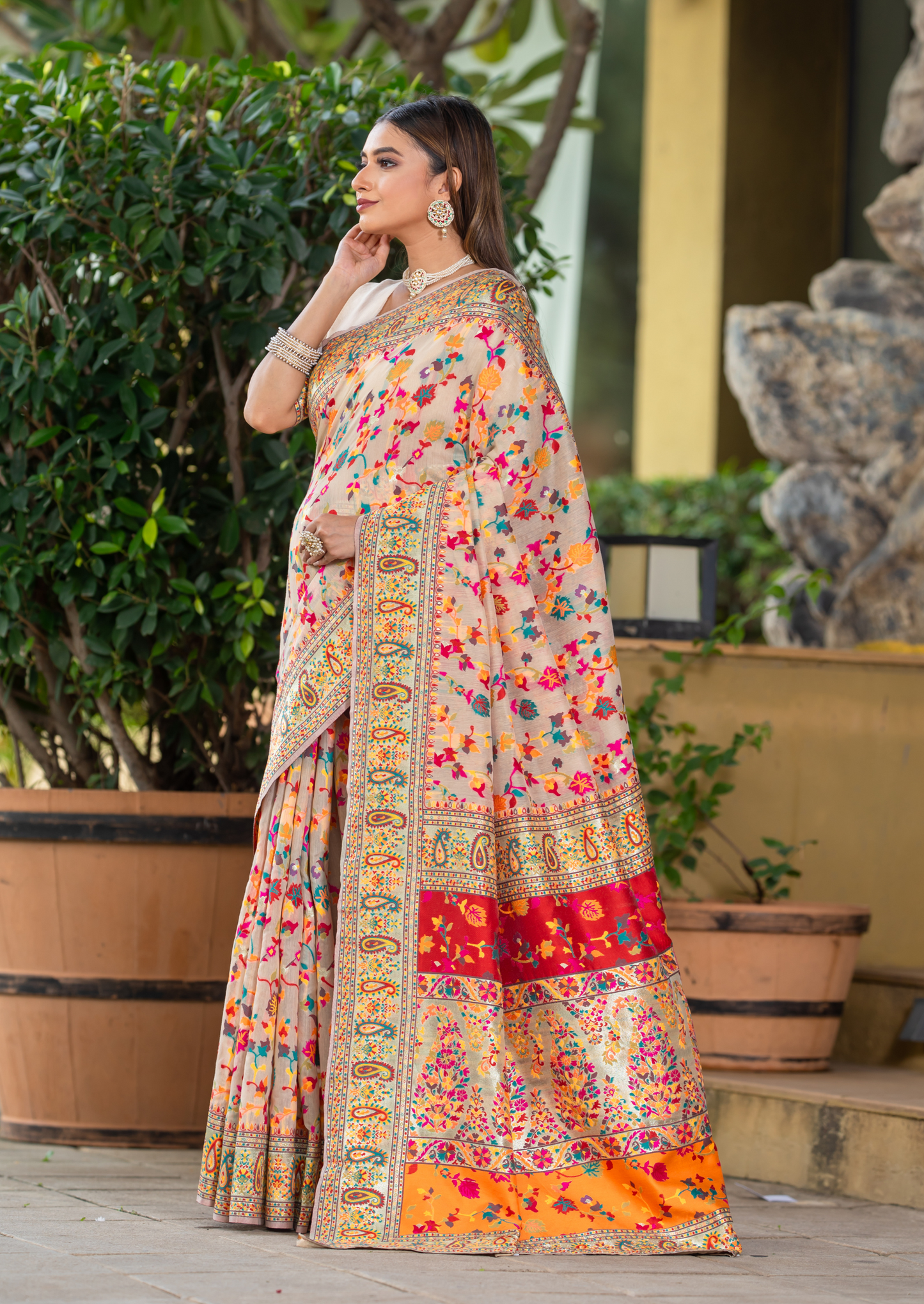 Cream Cotton Silk Pashmina Sarees with Kashmiri Modal Weaving